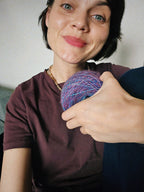 Violet knitted woolen socks with blue toe. Foot size 26cm