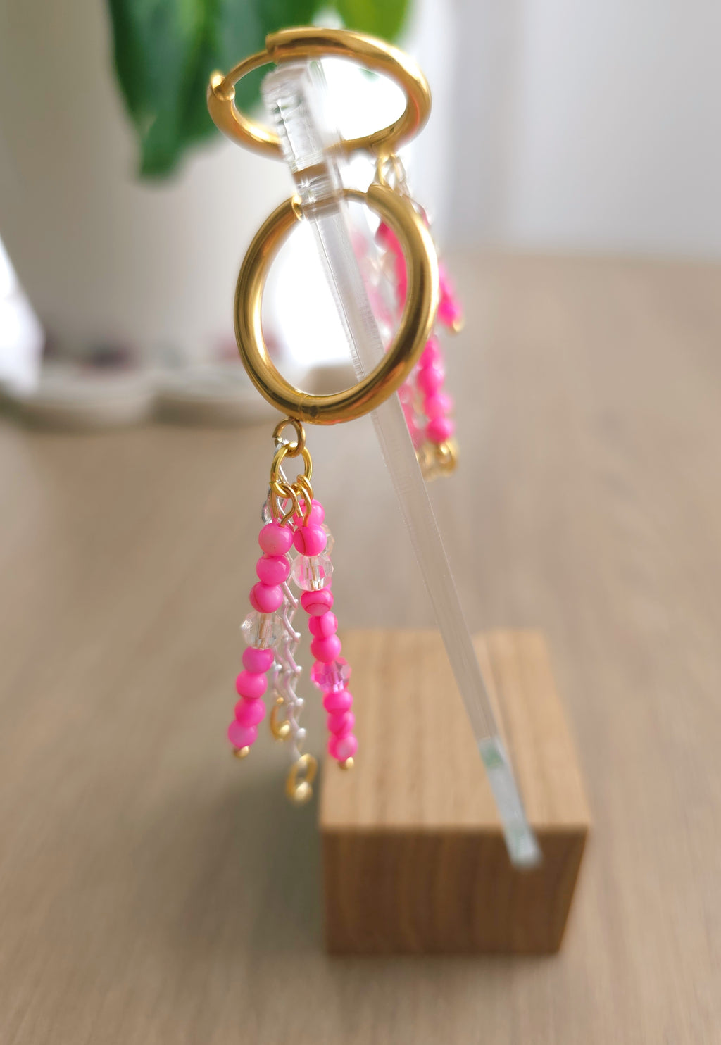 Pink beads positive vibes earrings for women. Boho jewelry