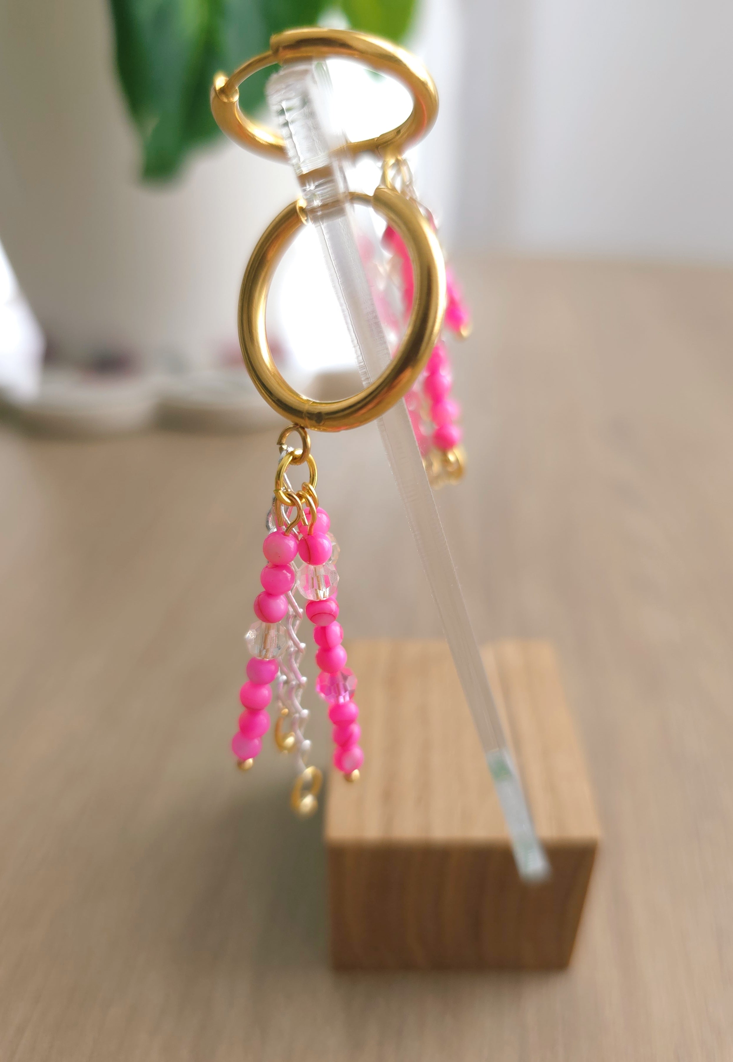 Pink beads positive vibes earrings for women. Boho jewelry