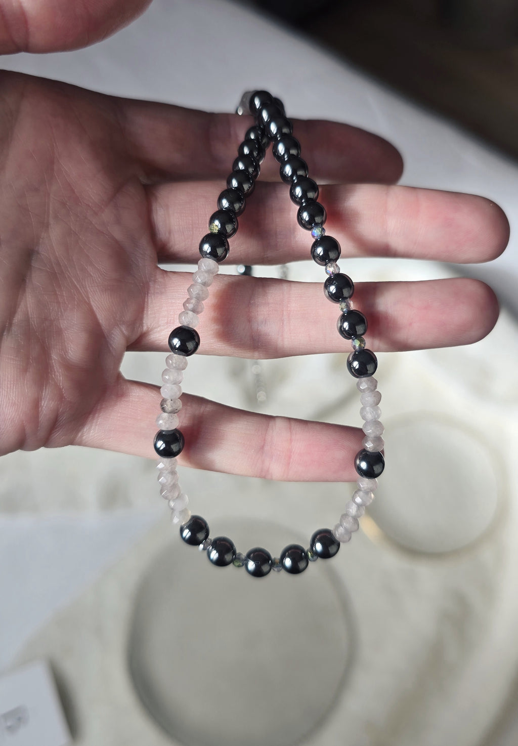 Down to earth hematite and jade stone necklace